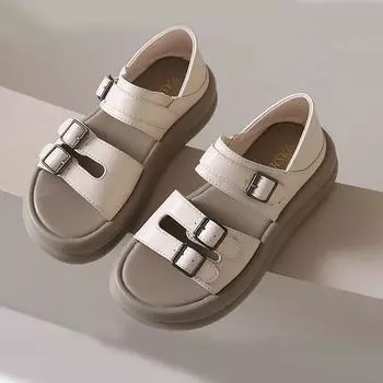 Модные женские летние сандалии на толстой подошве с пряжкой на поясе, ретро-римские сандалии, женские туфли на плоской подошве для двоих, пляжная женская обувь 35 бежевый