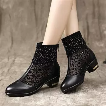 Модные женские летние сапоги большого размера с сеткой из ажурной пряжи на низком каблуке, классные сапоги на толстом каблуке, botas de mujer P770 34 чёрный