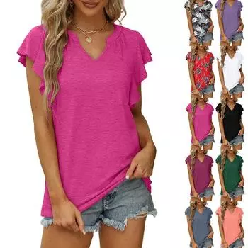 Модные женские летние сексуальные свободные футболки с v-образным вырезом и рюшами, повседневные футболки с короткими рукавами S ярко-розовый