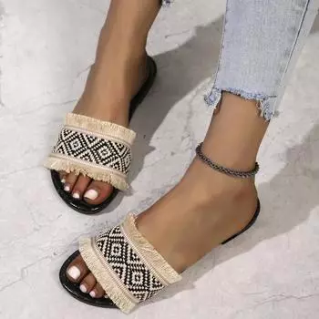 Модные женские летние соломенные плетеные дорожные тапочки, уличные шлепанцы, модные плоские женские сандалии и тапочки большого размера 36 чёрный