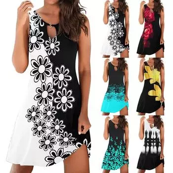 Модные женские летние свободные платья без рукавов с принтом и принтом средней длины L чёрный