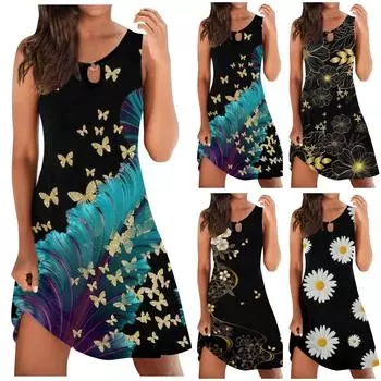 Модные женские летние свободные платья без рукавов с принтом и принтом средней длины S чёрный