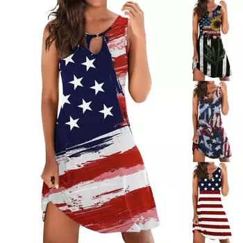 Модные женские летние свободные платья без рукавов с принтом ко Дню независимости L чёрный