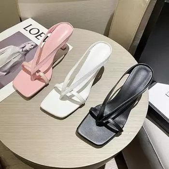 модные женские летние тапочки 2024 года, однотонные туфли на высоком каблуке, повседневные туфли, шлепанцы, женские тапочки, розовые босоножки, Pantuflas De Mujer 35 розовый