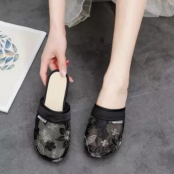 модные женские летние тапочки Baotou китайские вышитые цветы сандалии женские повседневные шлепанцы национальная домашняя обувь для отдыха на открытом воздухе 39 чёрный