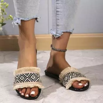 Модные женские летние тапочки на плоской подошве, пляжные сандалии с кисточками, богемные этнические эспадрильи ручной работы, тапочки на платформе, женские шлепанцы 36