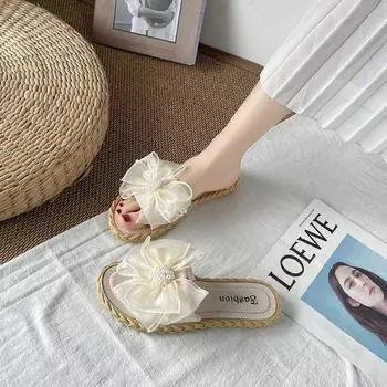 Модные женские летние тапочки онлайн знаменитые тапочки Ins Новые Джокер корейские феи ветер сетка бант слово перетаскивание дышащие износостойкие 36-37 бежевый