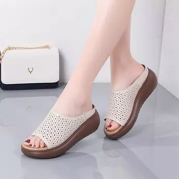 Модные женские летние тапочки, повседневные сандалии на танкетке, тапочки с круглым носком и толстой подошвой, полые туфли 40 белый