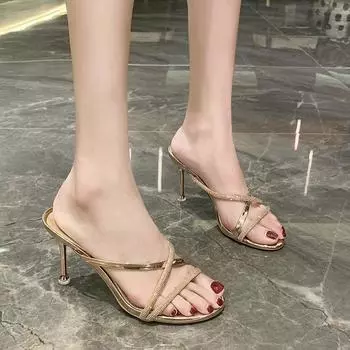 модные женские летние тапочки с квадратной головкой, сандалии 2024 года, модные мюли на высоком каблуке, тапочки, простые сандалии в стиле «простой стиль» 34 зелёный