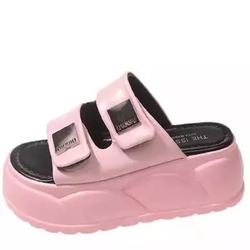 модные женские летние толстые тапочки новые модные босоножки на толстой подошве блестящие босоножки на танкетке шлепанцы пляжные шлепанцы на высокой платформе Zapatos 34 розовый