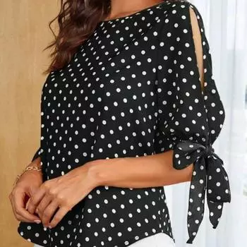 Модные женские летние топы с круглым вырезом, повседневные блузки с коротким рукавом и принтом в горошек S чёрный