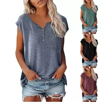 Модные женские летние топы, женские однотонные свободные футболки с круглым вырезом и пуговицами с короткими рукавами, топы L чёрный