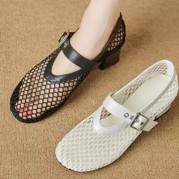 модные женские летние туфли-лодочки Mary Jane Single Shoe с круглым носком и полой сеткой на высоком каблуке 35 чёрный