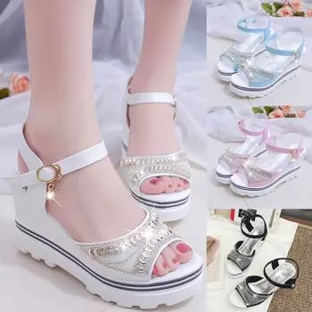 Модные женские летние туфли-лодочки на платформе в римском стиле на танкетке с открытым носком и кристаллами 40 синий