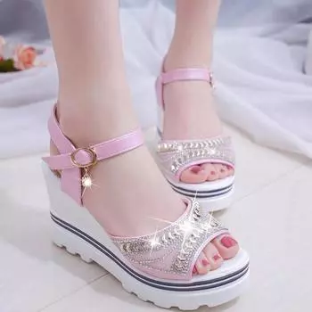 Модные женские летние туфли-лодочки, сандалии на платформе, босоножки на танкетке с открытым носком и кристаллами 35 белый