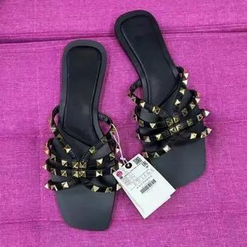 модные женские летние туфли на плоской подошве повседневные шлепанцы для моря дышащие модные заклепки украшения дизайнерские уличные тапочки для женщин 37 бежевый