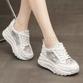 Модные женские летние туфли на шнуровке, кроссовки на платформе, толстый каблук, женские модные сандалии, дышащие кроссовки с сеткой Air Mesh Mujer Zapatos 33 белый