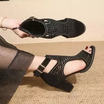 Модные женские летние туфли на высоком толстом каблуке с полыми стразами, босоножки на высоком каблуке с застежкой-молнией в виде рыбьего рта, модные римские туфли с застежкой-молнией сзади, черные, сексуальные, Zapatos Mujer 35 красный