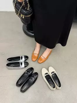 Модные женские лоферы с круглым носком, повседневные туфли-мюли, бежевые, коричневые, серебристые, черные 2024 г. Новые поступления, осенне-весенние туфли для балета 5.5 чёрный