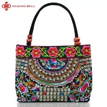Модные женские маленькие сумки с вышивкой, женские сумки с национальной цветочной вышивкой и верхней ручкой, однослойные сумки-переноски с бисером чёрный