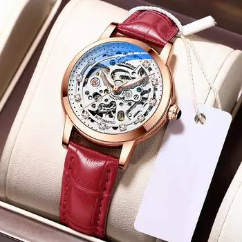 Модные женские механические часы с бриллиантовой инкрустацией и автоматическим механизмом, водонепроницаемые механические часы с ночной подсветкой, праздничный подарок розового золота