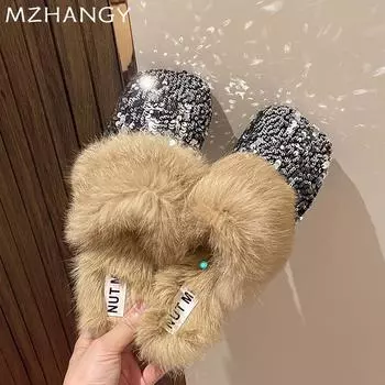 модные женские меховые блестящие плюшевые тапочки с квадратным носком на плоской подошве хлопковые туфли женские 2024 тренд новые зимние сапоги осень роскошные уютные Mujer Zapatillas 35 чёрный