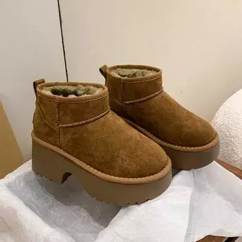 модные женские меховые ботильоны на платформе, зимние замшевые плюшевые хлопковые туфли, брендовые туфли на высоком каблуке для женщин 2025 года, повседневные ботинки Mujer 35 коричневый