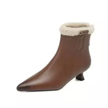 модные женские меховые ботильоны с острым носком, модные ботинки на среднем каблуке из кожи, теплые плюшевые туфли, женские брендовые зимние 2025 года, трендовые удобные ботинки Mujer 35 чёрный