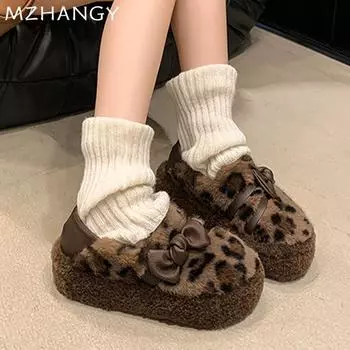 Модные женские меховые леопардовые мокасины обувь повседневная обувь на плоской подошве женская тенденция 2025 мода зима новое теплое платье уютный бант зимние сапоги запатиллы 35 цветной печати леопарда