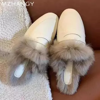 Модные женские меховые тапочки на плоской подошве, модные повседневные туфли из хлопка с открытой пяткой, женские зимние сапоги 2024 года, удобные роскошные женские сапоги Zapatillas 35 хаки