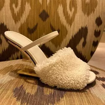 Модные женские меховые тапочки, сексуальные сандалии-гладиаторы с открытым носком, туфли-лодочки на весну и лето, необычный каблук, мюли, туфли на танкетке с высоким каблуком 34 бежевый