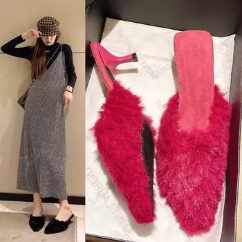 Модные женские меховые туфли на высоком каблуке с острым носком, модные сексуальные тапочки, осень, новый стиль 2024 года, дизайнерское вечернее платье, туфли на высоком каблуке, роскошь 35 бежевый