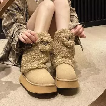 Модные женские милые зимние сапоги с круглым носком и рисунком медведя, теплые зимние сапоги из утолщенного плюша, повседневные нескользящие женские сапоги на платформе 35 белый