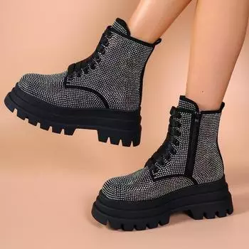 Модные женские модные ботинки на толстом каблуке, осенние, новые, с круглым передом, шнуровкой сбоку, молнией, на платформе, ботильоны 35 чёрный
