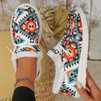 Модные женские модные цветные геометрические принты утолщенные теплые зимние ботинки легкие и удобные уличные низкие туфли 36 зелёный