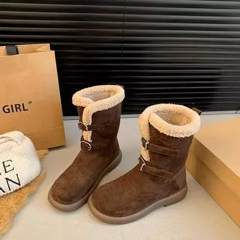 Модные женские модные хлопковые сапоги на толстом каблуке, зимние новые, круглые, замшевые, с мягкой подошвой, нескользящие, износостойкие, короткие сапоги 35