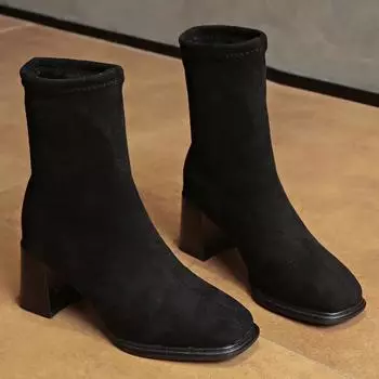 Модные женские модные одинарные ботинки на толстом каблуке, осенние, новые, с квадратным носком, с замшевыми рукавами, противоскользящие, износостойкие, короткие ботинки 36 чёрный