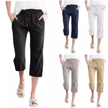 Модные женские модные повседневные однотонные брюки с карманами до икры на шнуровке L чёрный