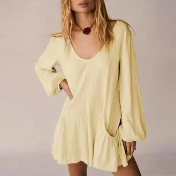 Модные женские модные повседневные платья с длинным рукавом и оборками по подолу M жёлтый