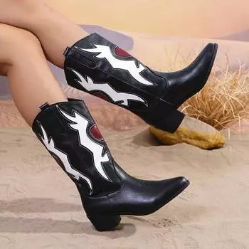 модные женские модные разноцветные сапоги в стиле вестерн до середины икры 2024 года, новые сапоги на толстом каблуке с острым носком, нескользящие женские сапоги из искусственной кожи 36 чёрный