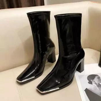 Модные женские модные сапоги на толстом каблуке, осенние, новые, квадратные, с металлическим наконечником, рукава, темпераментные, короткие, на высоком каблуке 35 чёрный