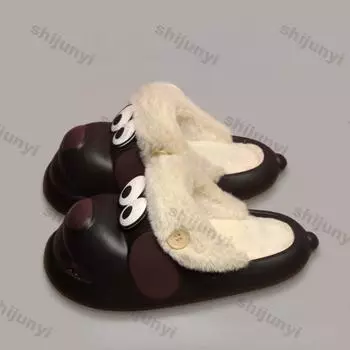 Модные женские модные тапочки из искусственного меха на толстой подошве, женские зимние милые мультяшные теплые плюшевые хлопковые туфли, женские нескользящие теплые пушистые тапочки 36-37 чёрный