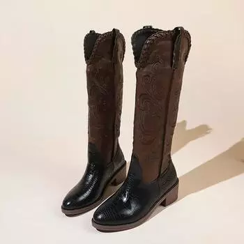 Модные женские модные толстые одинарные ботинки, осенние новые, с круглыми рукавами и вышивкой, удобные, на среднем каблуке, высокие ботинки 36