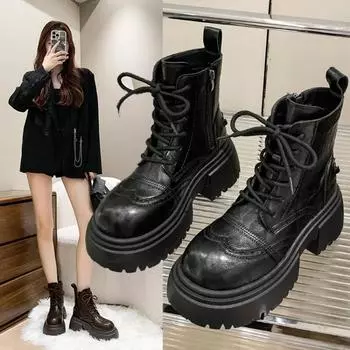 Модные женские модные толстые одинарные ботинки, осенние, новые, с круглым носком, со шнуровкой спереди, с боковой молнией, противоскользящие, износостойкие, короткие ботинки 35 чёрный