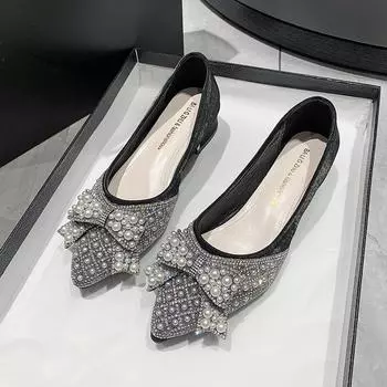 Модные женские модные туфли на толстой подошве с острым носком и мелким ртом, низкие туфли с узлом-бабочкой Rhinrhino 35 бежевый