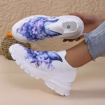 модные женские модные вязаные кроссовки с принтом бабочек, легкие нескользящие кроссовки для ходьбы, женские дышащие низкие кроссовки-носки 2024 36 белый