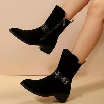 модные женские модные замшевые кожаные ботинки с металлической пряжкой, боковая молния, средний каблук, острый носок, короткие ботинки, зимние новые женские ботинки 2024 года большого размера 35 чёрный