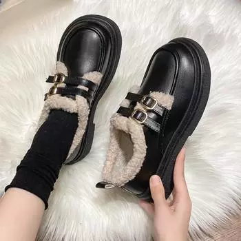 Модные женские мокасины осень/зима 2024, теплая флисовая обувь первого слоя из коровьей кожи, женская обувь с низким верхом из овечьей шерсти, модные маленькие кожаные туфли 35 коричневый