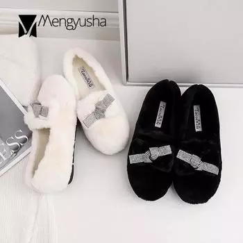 Модные женские мокасины с кристаллами и мехом, зимние мокасины с бантом, теплые туфли на плоской подошве с круглым носком, криперы, плюшевые, удобные, меховые, хлопковые туфли для женщин 4.5 белый