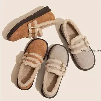 Модные женские мокасины с круглым носком на меху, женские туфли на платформе, зимние туфли на толстой подошве, новое платье, римские флоковые ботинки до середины голени, сплошные зимние ботинки, базовые, средние 35 коричневый